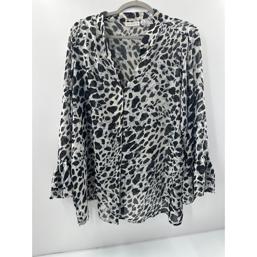 Susan Graver Womens 1X Animal Print Button Down Blouse Ruffle Cuff Grey Black